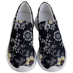 Black Background With Gray Flowers, Floral Black Texture Women s Lightweight Slip Ons