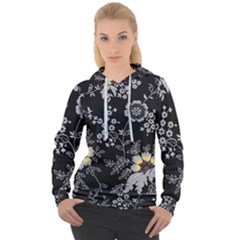 Black Background With Gray Flowers, Floral Black Texture Women s Overhead Hoodie