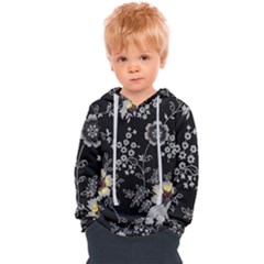 Black Background With Gray Flowers, Floral Black Texture Kids  Overhead Hoodie