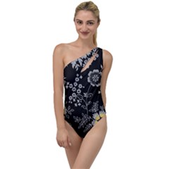 Black Background With Gray Flowers, Floral Black Texture To One Side Swimsuit