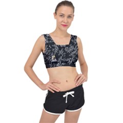 Black Background With Gray Flowers, Floral Black Texture V-back Sports Bra by nateshop