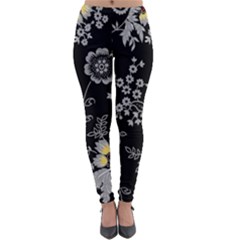 Black Background With Gray Flowers, Floral Black Texture Lightweight Velour Leggings