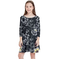 Black Background With Gray Flowers, Floral Black Texture Kids  Quarter Sleeve Skater Dress