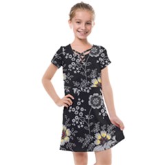 Black Background With Gray Flowers, Floral Black Texture Kids  Cross Web Dress