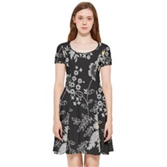 Black Background With Gray Flowers, Floral Black Texture Inside Out Cap Sleeve Dress