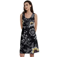 Black Background With Gray Flowers, Floral Black Texture Classic Skater Dress