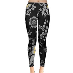 Black Background With Gray Flowers, Floral Black Texture Inside Out Leggings by nateshop