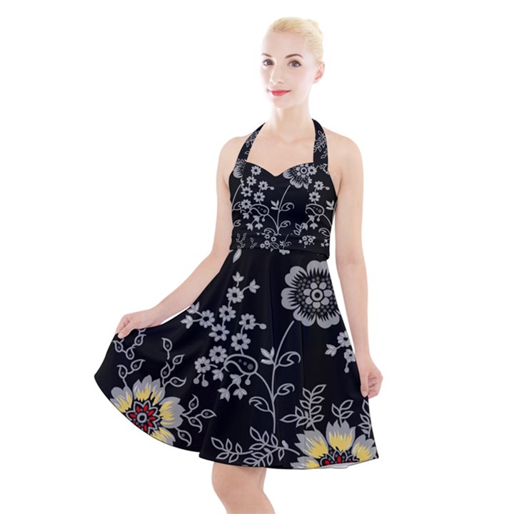 Black Background With Gray Flowers, Floral Black Texture Halter Party Swing Dress 