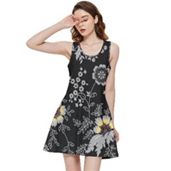 Black Background With Gray Flowers, Floral Black Texture Inside Out Racerback Dress