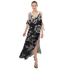 Black Background With Gray Flowers, Floral Black Texture Maxi Chiffon Cover Up Dress