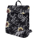 Black Background With Gray Flowers, Floral Black Texture Flap Top Backpack View1