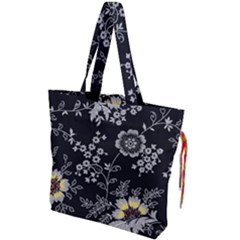 Black Background With Gray Flowers, Floral Black Texture Drawstring Tote Bag