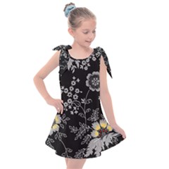 Black Background With Gray Flowers, Floral Black Texture Kids  Tie Up Tunic Dress by nateshop