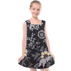 Black Background With Gray Flowers, Floral Black Texture Kids  Cross Back Dress