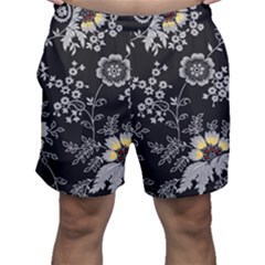 Black Background With Gray Flowers, Floral Black Texture Men s Shorts