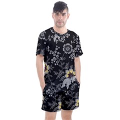 Black Background With Gray Flowers, Floral Black Texture Men s Mesh T-Shirt and Shorts Set