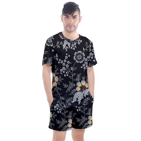 Black Background With Gray Flowers, Floral Black Texture Men s Mesh T-shirt And Shorts Set by nateshop