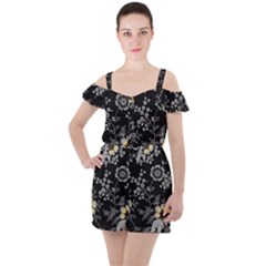 Black Background With Gray Flowers, Floral Black Texture Ruffle Cut Out Chiffon Playsuit