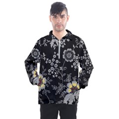 Black Background With Gray Flowers, Floral Black Texture Men s Half Zip Pullover