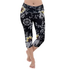 Black Background With Gray Flowers, Floral Black Texture Lightweight Velour Capri Yoga Leggings