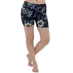 Black Background With Gray Flowers, Floral Black Texture Lightweight Velour Yoga Shorts