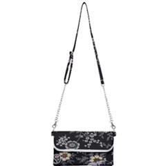 Black Background With Gray Flowers, Floral Black Texture Mini Crossbody Handbag