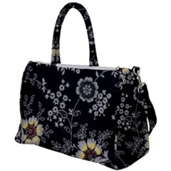 Black Background With Gray Flowers, Floral Black Texture Duffel Travel Bag