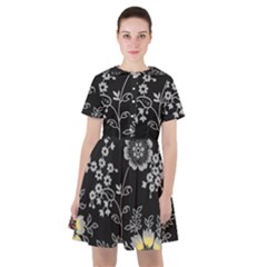 Black Background With Gray Flowers, Floral Black Texture Sailor Dress