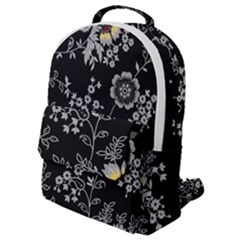 Black Background With Gray Flowers, Floral Black Texture Flap Pocket Backpack (Small)