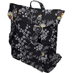 Black Background With Gray Flowers, Floral Black Texture Buckle Up Backpack