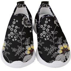 Black Background With Gray Flowers, Floral Black Texture Kids  Slip On Sneakers