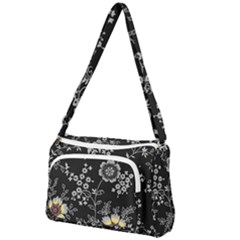 Black Background With Gray Flowers, Floral Black Texture Front Pocket Crossbody Bag