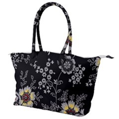 Black Background With Gray Flowers, Floral Black Texture Canvas Shoulder Bag