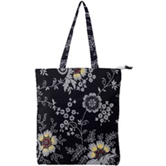 Black Background With Gray Flowers, Floral Black Texture Double Zip Up Tote Bag