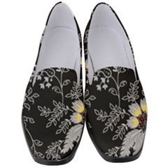 Black Background With Gray Flowers, Floral Black Texture Women s Classic Loafer Heels