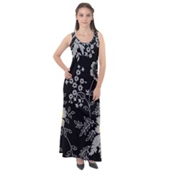 Black Background With Gray Flowers, Floral Black Texture Sleeveless Velour Maxi Dress