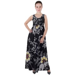 Black Background With Gray Flowers, Floral Black Texture Empire Waist Velour Maxi Dress