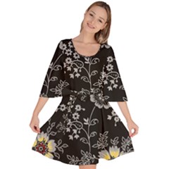 Black Background With Gray Flowers, Floral Black Texture Velour Kimono Dress