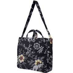 Black Background With Gray Flowers, Floral Black Texture Square Shoulder Tote Bag by nateshop