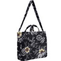 Black Background With Gray Flowers, Floral Black Texture Square Shoulder Tote Bag View2