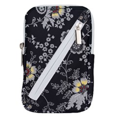 Black Background With Gray Flowers, Floral Black Texture Belt Pouch Bag (Small)