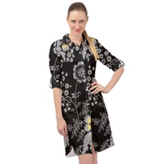 Black Background With Gray Flowers, Floral Black Texture Long Sleeve Mini Shirt Dress by nateshop