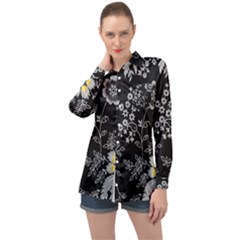 Black Background With Gray Flowers, Floral Black Texture Long Sleeve Satin Shirt