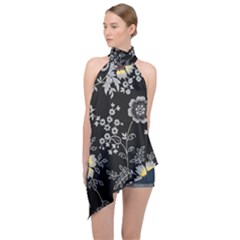 Black Background With Gray Flowers, Floral Black Texture Halter Asymmetric Satin Top