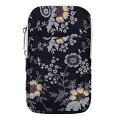 Black Background With Gray Flowers, Floral Black Texture Waist Pouch (Large)