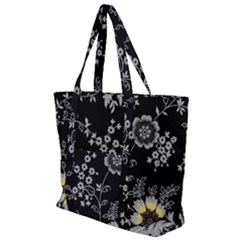 Black Background With Gray Flowers, Floral Black Texture Zip Up Canvas Bag