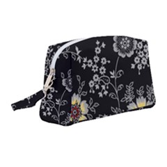 Black Background With Gray Flowers, Floral Black Texture Wristlet Pouch Bag (Medium)