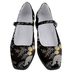 Black Background With Gray Flowers, Floral Black Texture Women s Mary Jane Shoes by nateshop