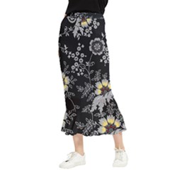 Black Background With Gray Flowers, Floral Black Texture Maxi Fishtail Chiffon Skirt