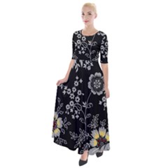 Black Background With Gray Flowers, Floral Black Texture Half Sleeves Maxi Dress